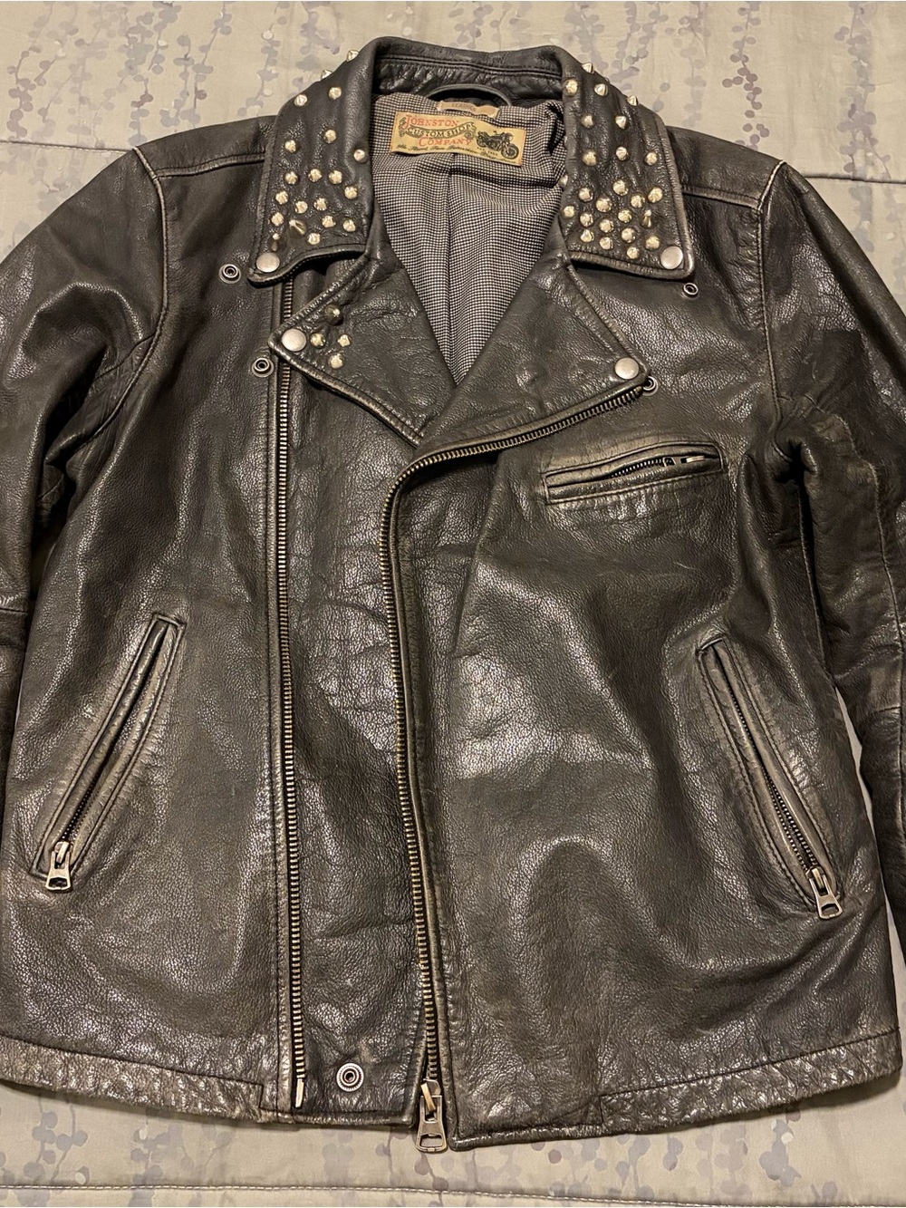 Studded Black Leather Biker Jacket with Asymmetrical Zip